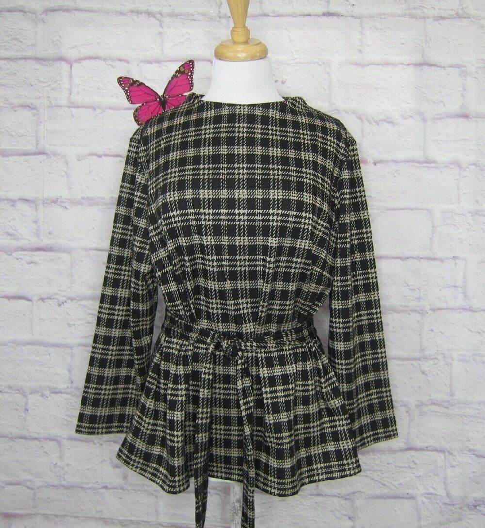 Ann Taylor Black & Beige Plaid Long Sleeve Keyhole Back Belted Blouse Sz XL New!
